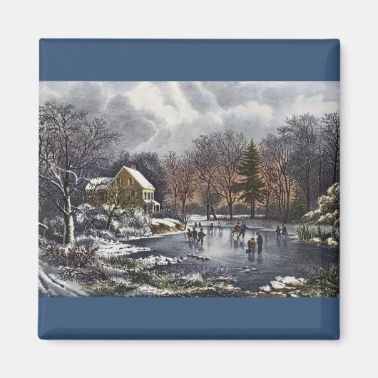 Vintage Kerstmis, vroege winterskaters op een hond Magneet (Voorkant)