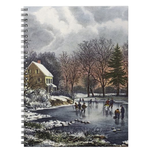 Vintage Kerstmis, vroege winterskaters op een hond Notitieboek (Voorkant)