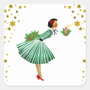 Vintage Kerstmis Vrouw die een kaars uitblaast Vierkante Sticker