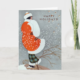 Vintage Kerstmis Vrouw in Rode Jas met Vogels Feestdagen Kaart