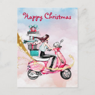 Vintage Kerstmis vrouw op een roze scooter Briefkaart