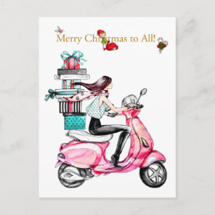 Vintage Kerstmis vrouw op een roze scooter Briefkaart