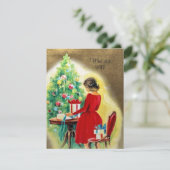 Vintage Kerstmis Vrouw Wrapping Cadeaus Feestdagenkaart (Staand voorkant)