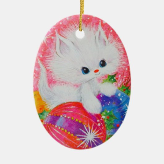Vintage Kerstmis White Kitten Keramisch Ornament (Voorkant)