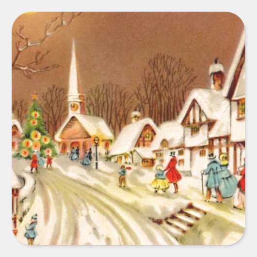 Vintage Kerstmis Winter Sneeuwstad Vierkante Sticker (Voorkant)