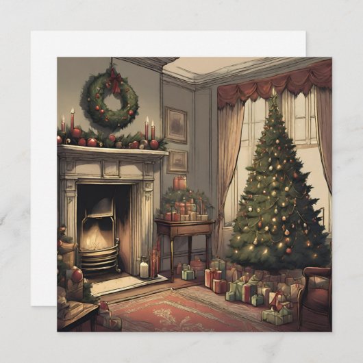 Vintage Kerstmis Woonkamer met Kerstboom Feestdagenkaart (Voorkant / Achterkant)