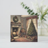 Vintage Kerstmis Woonkamer met Kerstboom Feestdagenkaart (Staand voorkant)