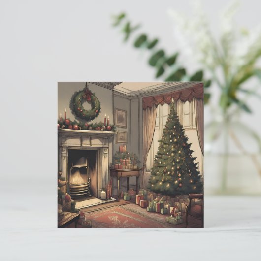 Vintage Kerstmis Woonkamer met Kerstboom Feestdagenkaart (Staand voorkant)