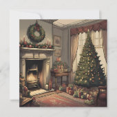Vintage Kerstmis Woonkamer met Kerstboom Feestdagenkaart (Voorkant)