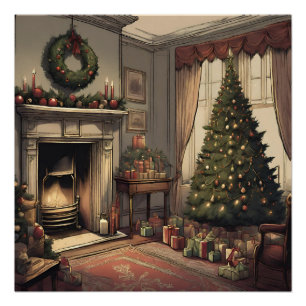 Vintage Kerstmis Woonkamer met Kerstboom Perfect Poster