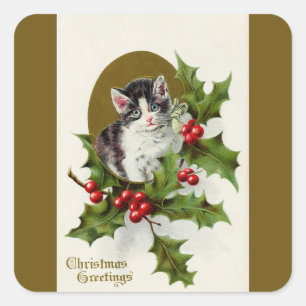 Vintage Kerstmiskitten Gouden Vierkante Sticker
