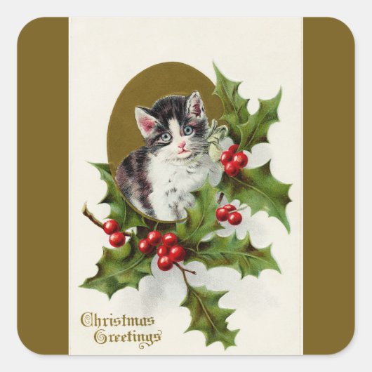 Vintage Kerstmiskitten Gouden Vierkante Sticker (Voorkant)