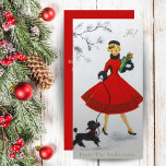 Vintage Kerstmismeisje met poedel douane Feestdagenkaart<br><div class="desc">Deze klassieke midden-eeuwse vintage kerstkaart is voorzien van een jonge dame,  in een prachtige rode jurk jas,  met een verpakt cadeau en een zwarte poedel lopen. Personaliseer door het bericht op de achterkant aan te passen en/of jouw naam(s) toe te voegen.</div>