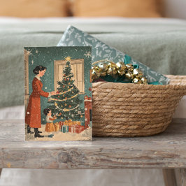Vintage kerstmoeder en kind versieren boom feestdagenkaart