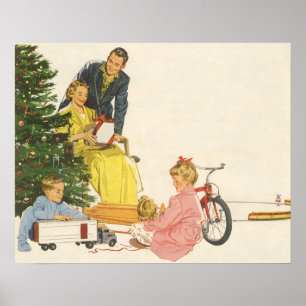Vintage Kerstmorgen, Familie die Cadeaus opent Poster