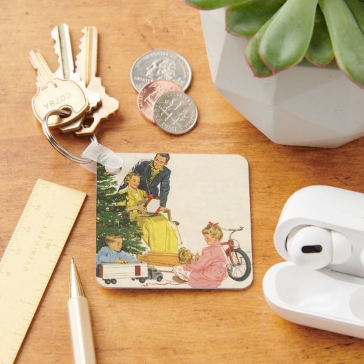 Vintage Kerstmorgen, Familie die Cadeaus opent Sleutelhanger (Bureau)