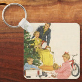 Vintage Kerstmorgen, Familie die Cadeaus opent Sleutelhanger (Voorkant)