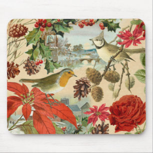 Vintage kerstmousepad met vogels en rode bloem muismat