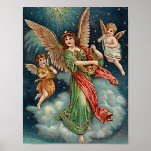Vintage kerstmuur Art   Angels en Harp Poster