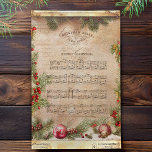 Vintage kerstmuziek en dennendecoupage tissuepapier<br><div class="desc">Vintage Christmas Waltz bladmuziek begrensd door dennen,  hulst en kerstballen op grungy verdrietige perkament achtergrond.</div>