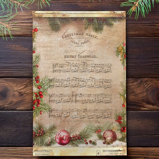 Vintage kerstmuziek en dennendecoupage tissuepapier