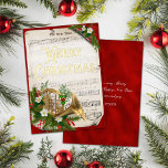 Vintage-kerstmuziek, Franse Horn Red Gold Folie Feestdagenkaart<br><div class="desc">Deze elegante kerstkaart is voorzien van echte gouden folie voor de "prettige kerst",  met een viool op een scroll van kerstkaroletmuziek die is gedecoreerd met feestgrijze en heilige bessen,  en een faux metalen rode achtergrond. Voeg je eigen naam en persoonlijk bericht toe aan de achterzijde.</div>