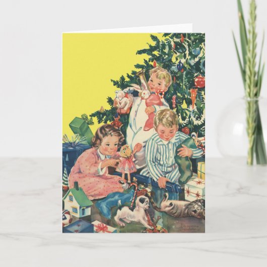 Vintage kerstochtend, kinderen openen cadeautjes feestdagen kaart (Voorkant)