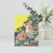 Vintage kerstochtend, kinderen openen cadeautjes feestdagenkaart (Staand voorkant)