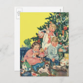 Vintage kerstochtend, kinderen openen cadeautjes feestdagenkaart (Voorkant / Achterkant)