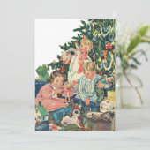 Vintage kerstochtend, kinderen openen cadeautjes feestdagenkaart (Staand voorkant)
