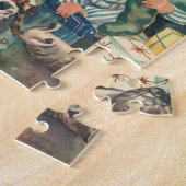 Vintage kerstochtend, kinderen openen cadeautjes legpuzzel (Zijkant)