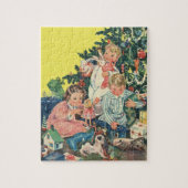 Vintage kerstochtend, kinderen openen cadeautjes legpuzzel (Verticaal)
