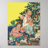 Vintage kerstochtend, kinderen openen cadeautjes poster (Voorkant)