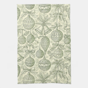 Vintage Kerstornament Toile Sage Groen Crème Theedoek