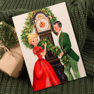 Vintage kerstpaar op de klok feestdagenkaart