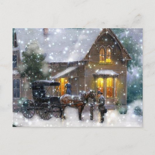 Vintage kerstpaard Carriage Winter Scene Feestdagenkaart (Voorkant)