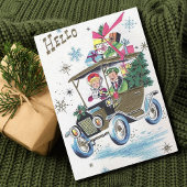 Vintage kerstparen rijden met cadeaus feestdagenkaart