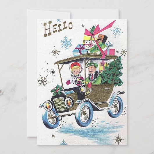 Vintage kerstparen rijden met cadeaus feestdagenkaart (Voorkant)