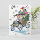 Vintage kerstparen rijden met cadeaus feestdagenkaart (Staand voorkant)