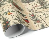 Vintage kerstpatroon bomen vogels Holly Cadeaupapier (Rol Hoek)