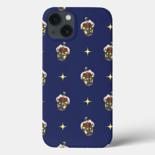 Vintage kerstpatroon met een lantaarn op blauw iPhone 13 hoesje