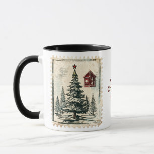 Vintage kerstpostzegels. Bewerkbare naam. Mok