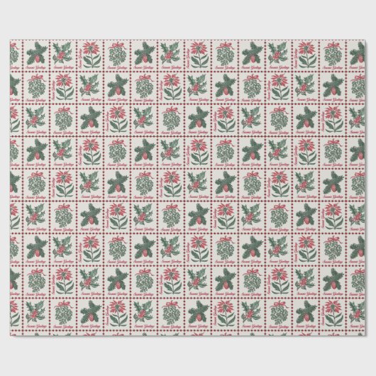 Vintage kerstpostzegels cadeaupapier (Vlak)