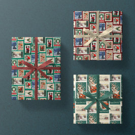 Vintage kerstpostzegels Retro Trio Gift Inpakpapier Vel