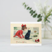 Vintage kerstprint meisje en kat feestdagenkaart (Staand voorkant)