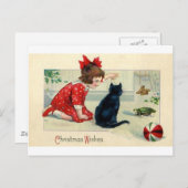 Vintage kerstprint meisje en kat feestdagenkaart (Voorkant / Achterkant)