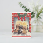 Vintage kerstPuppies wachten op Kerstmis Feestdagenkaart (Staand voorkant)