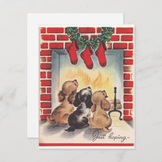 Vintage kerstPuppies wachten op Kerstmis Feestdagenkaart (Voorkant / Achterkant)
