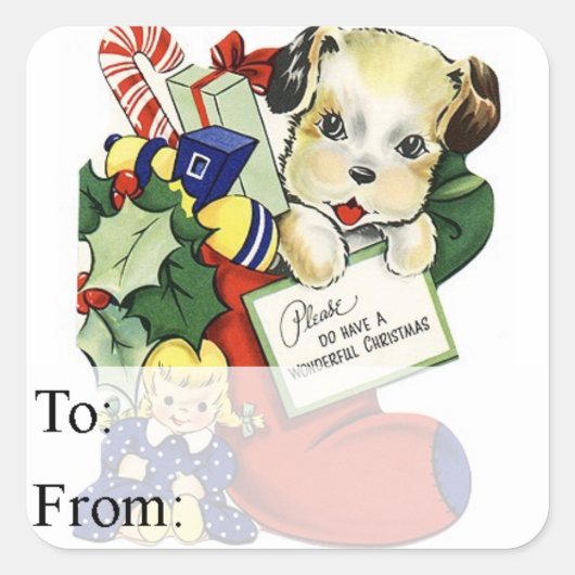 Vintage kerstpuppy in Label met cadeau bij stoppen (Voorkant)