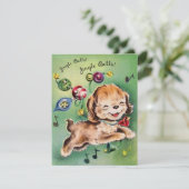 Vintage kerstpuppy zingen feestdagenkaart (Staand voorkant)
